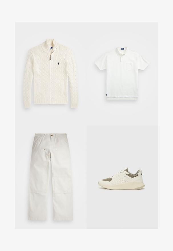 Pletena bela jopica z visokim ovratnikom, kabelskim vzorcem, zadrgo in rebrastimi manšetami. Ima dva sprednja žepa in majhno logotip na prsih.; Bela polo majica iz bombaža, z klasičnim ovratnikom, trojnim gumbom in žepom na levi strani prsnega predela; majhna blagovna znamka na robu.; Bele hlače iz belega bombaža s sproščenim krojem, z sprednjimi žepi, zlatimi dodatki in detajli na kolenih.; Beli in svetlo bež športni copat, s mrežastim zgornjim delom, perforiranimi detajli in teksturirano srednjim delom z blagovno znamko na peti.