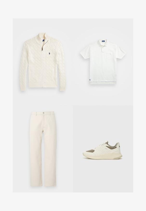 Fehér kötött pulóver magas gallérral, kábelmintázattal, cipzáros záródással és bordázott mandzsettával. Két előlapi zsebbel és egy kis logóval a mellkason.; Fehér pólóing, pamutból készült, klasszikus gallérral, háromgombos végigfutóval és bal oldali zsebével; kis logó a szegélyen.; Tejkrém színű egyenes szárú farmernadrág, pamutból készült, gombos záródással, övhurkokkal és sima, mintázat nélküli felülettel.; Fehér és világos bézs sportcipő, légies hálós felsőrésszel, perforált részletekkel és texturált középtalppal, amelyen a saroknál a márka logója található.
