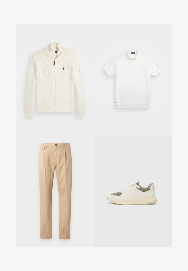 Weißer Strickpullover mit hohem Kragen, Kabelmuster, Reißverschluss und gerippten Bündchen. Mit zwei Fronttaschen und einem kleinen Logo auf der Brust.; Weißes Poloshirt aus Baumwolle, mit klassischem Kragen, Drei-Knopf-Leiste und einer linken Brusttasche; kleines Logo am Saum.; Beige Baumwollhosen für Herren im Straight-Leg-Schnitt mit Fronttaschen, Gürtelschlaufen, Knopfverschluss und Reißverschluss auf einem weißen Hintergrund.; Weiße und hellbeige Sport Sneakers, ausgestattet mit einem Obermaterial aus Netzgewebe, perforierten Details und einer strukturierten Zwischensohle mit Branding an der Ferse.