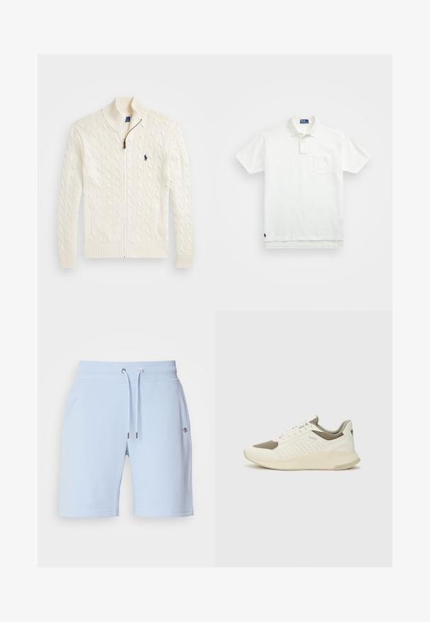 Strik hvid sweater med høj krave, kabelmønster, lynlås lukning og ribbede manchetter. Med to forreste lommer og et lille logo på brystet.; Hvid polo-shirt lavet af bomuld, med en klassisk krave, tre-knaps knaplukning og en lomme på venstre bryst; lille logo ved kanten.; Lyseblå shorts lavet af blødt stof, med en elastisk talje og snoretræk samt et lille logo på forsiden.; Hvide og lyse beige sportssko med en mesh-overdel, perforerede detaljer og en tekstureret mellemsål med branding på hælen.