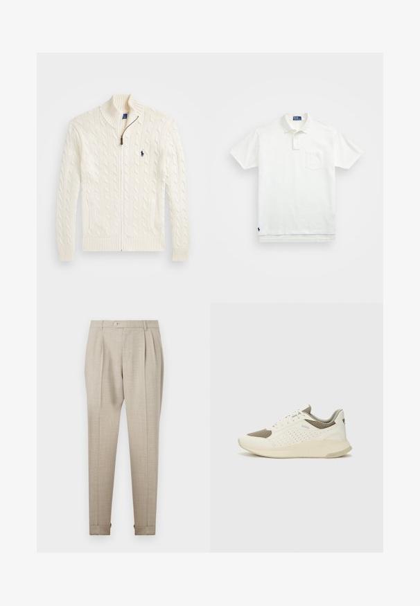 Weißer Strickpullover mit hohem Kragen, Kabelmuster, Reißverschluss und gerippten Bündchen. Mit zwei Fronttaschen und einem kleinen Logo auf der Brust.; Weißes Poloshirt aus Baumwolle, mit klassischem Kragen, Drei-Knopf-Leiste und einer linken Brusttasche; kleines Logo am Saum.; Beige Plissee-Hosen mit glatter Textur, ausgestattet mit einem frontalen Knopfverschluss und umgeschlagenen Säumen. Maßgeschneiderte Passform und gerades Beindesign.; Weiße und hellbeige Sport Sneakers, ausgestattet mit einem Obermaterial aus Netzgewebe, perforierten Details und einer strukturierten Zwischensohle mit Branding an der Ferse.