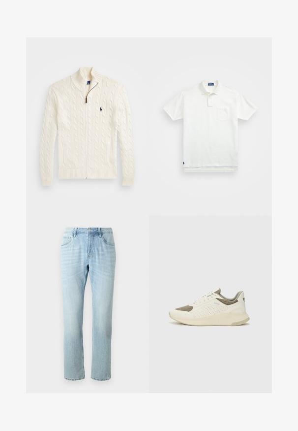 Balta megzta sv sweater su aukšta apykakle, pynimo raštu, užtrauktuku ir gumbinėmis rankovėmis. Su dviem priekinių kišenių ir mažu logotipu ant krūtinės.; Balta polo marškiniai pagaminti iš medvilnės, su klasikiniais kraštais, trijų mygtukų sprandeliu ir kairiuoju krūtinės kišeniu; mažas logotipas apačioje.; Šviesiai mėlyni džinsai su tiesiais kojomis, turintys penkis kišenes, švelnų blukimą ir metalinį mygtuką juosmens srityje.; Baltas ir šviesiai bežinis sportinis kedas, su tinklo viršumi, perforuotais detalėmis ir tekstūruotu tarpine su logotipu ant kulno.