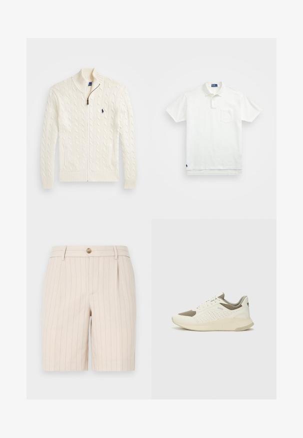 Witte gebreide trui met een hoge kraag, kabelpatroon, ritssluiting en geribde manchetten. Voorzien van twee voorzakken en een klein logo op de borst.; Witte poloshirt van katoen, met een klassieke kraag, een knoopsluiting met drie knopen en een borstzak aan de linkerkant; klein logo aan de onderrand.; Beige shorts van een lichtgewicht stof, met een streeppatroon, een knoopsluiting aan de voorkant en zijzakken.; Witte en lichtbeige sport sneaker, met een bovenwerk van mesh, geperforeerde details en een gestructureerde tussenzool met branding op de hiel.