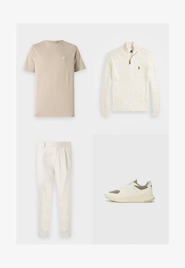 Knit white sweater with a high collar, cable pattern, zip closure, and ribbed cuffs. Featuring two front pockets and a small logo on the chest.; Beige cotton t-shirt with short sleeves, round neckline, and a small triangular logo embroidered on the left chest. Smooth texture.; White, pleated trousers with a tailored fit, featuring a smooth texture, belt loops, and tapered legs. No visible pockets or patterns.; White and light beige athletic sneaker, featuring a mesh upper, perforated detailing, and a textured midsole with branding on the heel.