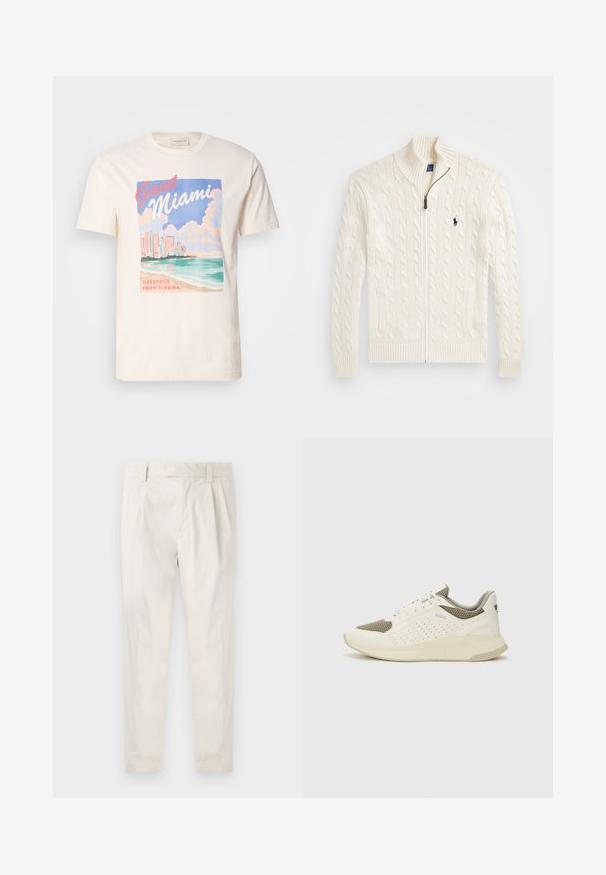Sweater branco de malha com gola alta, padrão em relevo, fecho de zip e punhos em canelado. Apresenta dois bolsos frontais e um pequeno logótipo no peito.; T-shirt de algodão creme com estampa gráfica do horizonte de Miami, ondas e nuvens em cores pastel, com o texto "GANT Miami" e "Saudações da Flórida".; Calças brancas pregueadas com um corte ajustado, apresentando uma textura suave, passantes de cinto e pernas afuniladas. Sem bolsos visíveis ou padrões.; Sapatilha atlética branca e bege claro, com parte superior em malha, detalhes perfurados e uma entressola texturizada com marcação no calcanhar.