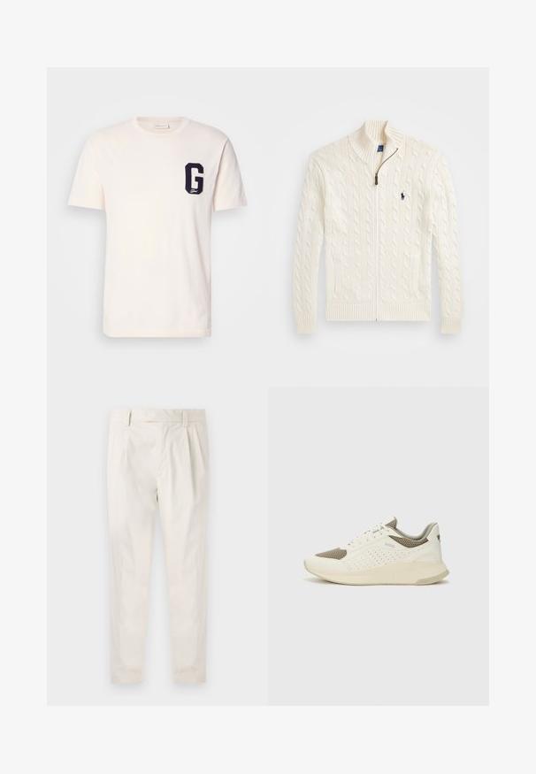 Balta megzta sv sweater su aukšta apykakle, pynimo raštu, užtrauktuku ir gumbinėmis rankovėmis. Su dviem priekinių kišenių ir mažu logotipu ant krūtinės.; Balta trumpa rankovėmis marškinėliai su apvalia iškirpte ir tamsiai mėlyna raidės "G" aplikacija kairiajame krūtinės šone.; Balti, susiūtos kelnes, turinčios pritaikytą siluetą, pasižyminčias lygia tekstūra, dirželio kilpomis ir siaurėjančiomis kojomis. Nėra matomų kišenių ar raštų.; Baltas ir šviesiai bežinis sportinis kedas, su tinklo viršumi, perforuotais detalėmis ir tekstūruotu tarpine su logotipu ant kulno.