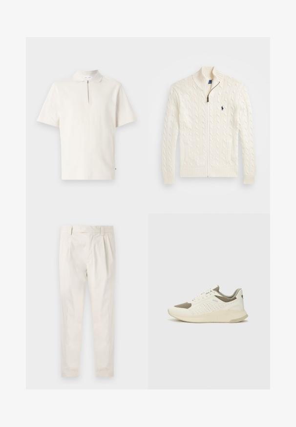 Fehér kötött pulóver magas gallérral, kábelmintázattal, cipzáros záródással és bordázott mandzsettával. Két előlapi zsebbel és egy kis logóval a mellkason.; Rövid ujjú, krémfehér pólóing, cipzáras nyakkal. Puha anyagból készült, tiszta, minimális dizájnnal és látható minták nélkül.; Fehér, pliszírozott nadrág, testre szabott szabással, sima felülettel, övhurkokkal és karcsú lábszárral. Nincs látható zseb vagy minta.; Fehér és világos bézs sportcipő, légies hálós felsőrésszel, perforált részletekkel és texturált középtalppal, amelyen a saroknál a márka logója található.