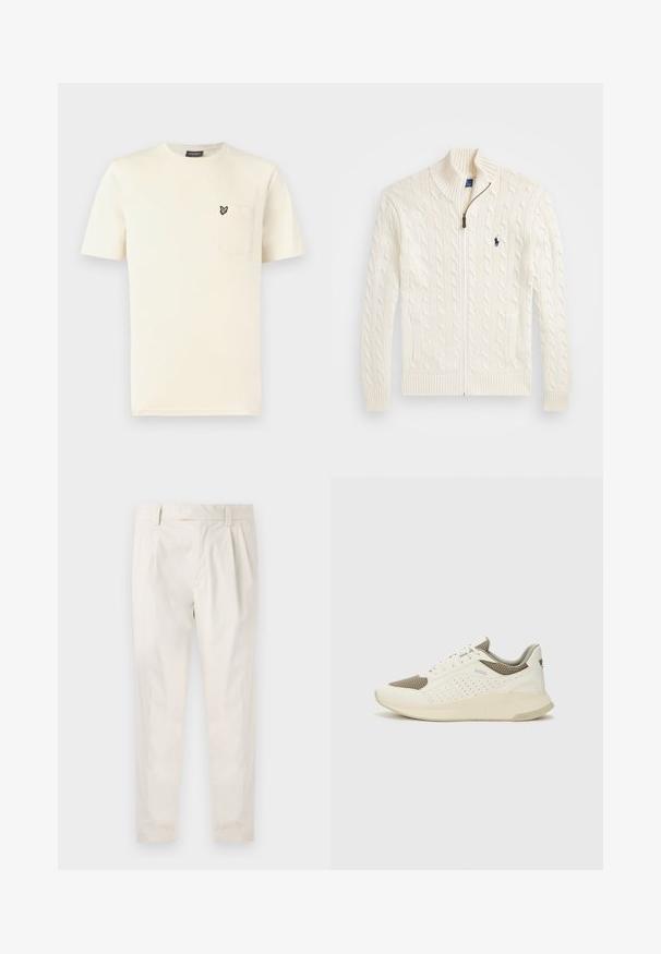 Suéter blanco de punto con cuello alto, patrón de trenzas, cierre de cremallera y puños acanalados. Presenta dos bolsillos frontales y un pequeño logo en el pecho.; Camiseta de algodón color crema con cuello redondo, mangas cortas y un bolsillo en el pecho izquierdo con un pequeño bordado de mariposa.; Pantalones blancos plisados con un ajuste entallado, que presentan una textura suave, pasadores para el cinturón y piernas ajustadas. Sin bolsillos visibles ni patrones.; Zapatilla deportiva en blanco y beige claro, con parte superior de malla, detalles perforados y una mediasuela texturizada con la marca en el talón.