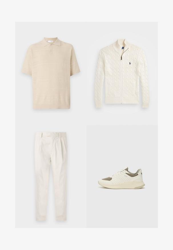 Strikket hvit genser med høy krage, kabelmønster, glidelås og ribbede mansjetter. Den har to lommer foran og en liten logo på brystet.; Beige strikket pikéskjorte med krage, korte ermer og teksturerte horisontale mønstre. To knapper ved halsen. Mykt materiale.; Hvite, pregede bukser med skreddersydd passform, som har en jevn tekstur, beltehemper og avsmalnende ben. Ingen synlige lommer eller mønstre.; Hvit og lysebeige treningssko, med en mesh-overdel, perforerte detaljer og en teksturert mellomsåle med merkevare på hælen.