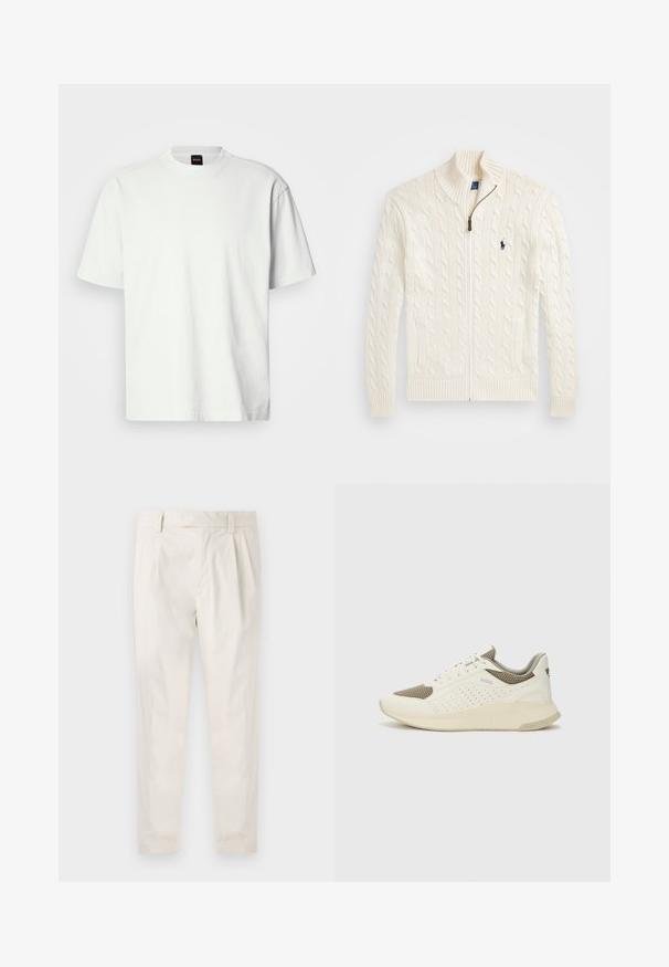 Knit white sweater with a high collar, cable pattern, zip closure, and ribbed cuffs. Featuring two front pockets and a small logo on the chest.; White cotton T-shirt with a crew neck and short sleeves. Features a straight cut and a subtle brand label on the neck.; White, pleated trousers with a tailored fit, featuring a smooth texture, belt loops, and tapered legs. No visible pockets or patterns.; White and light beige athletic sneaker, featuring a mesh upper, perforated detailing, and a textured midsole with branding on the heel.