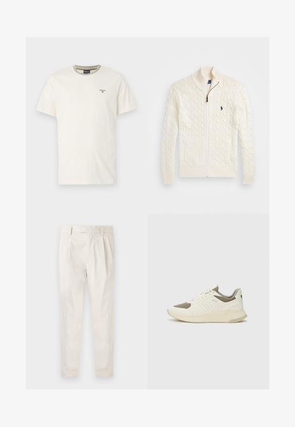 Biały sweter robiony na drutach z wysokim kołnierzem, wzorem w warkocze, z zapięciem na zamek i ściągaczami. Posiada dwie przednie kieszenie oraz małe logo na klatce piersiowej.; Biała bawełniana koszulka z krótkim rękawem, okrągłym dekoltem, z zieloną i białą prążkowaną lamówką oraz małym logo marki na piersi.; Białe, plisowane spodnie o dopasowanym kroju, z gładką fakturą, szlufkami na pasek i zwężanymi nogawkami. Brak widocznych kieszeni lub wzorów.; Białe i jasnobeżowe sneakersy sportowe, z siateczkową cholewką, perforowanymi detalami oraz teksturowaną podeszwą śródstopia z brandingiem na pięcie.
