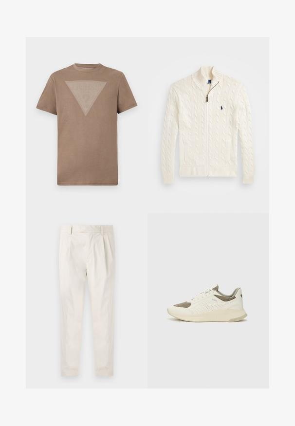 Adīta balta džemperis ar augstu apkakli, acu rakstu, ar rāvējslēdzēju un ribotām piedurknēm. Izgatavots ar divām priekšējām kabatām un mazu logotipu uz krūtīm.; Vienkārša brūna īsām piedurknēm T-kreklā ar lielu apgrieztu trīsstūra grafiku, ko veido smalkas baltas vertikālas līnijas uz krūšu daļas.; Baltas, pleitēts bikses ar piegriezumu, kas pielāgots figūrai, ar gludu tekstūru, jostas cilpām un sašaurinātiem galiem. Nav redzamu kabatu vai rakstu.; Baltas un gaiši bež sporta apavi, ar sieta augšdaļu, perforētiem detaļām un teksturētu vidusdaļu ar zīmolu uz papēža.