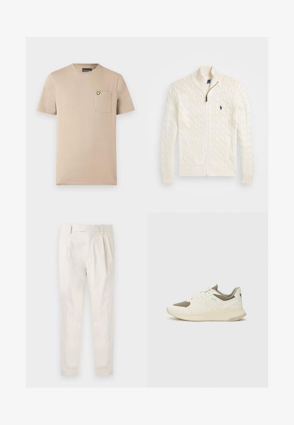 Bijela pletena majica s visokim ovratnikom, kabelskim uzorkom, patentnim zatvaračem i rebrastim manžetama. Ima dva prednja džepa i mali logotip na prsima.; Bež majica kratkih rukava od pamuka, s džepom na lijevoj strani s žutim logotipom leptira. Jednostavan dizajn s okruglim izrezom.; Bijele, naborane hlače s krojem po mjeri, koje imaju glatku teksturu, petlje za pojas i sužene nogavice. Nema vidljivih džepova ili uzoraka.; Bijele i svijetlosmeđe sportske tenisice, sa mrežastim gornjim dijelom, perforiranim detaljima i teksturiranim međutrakom sa brendom na peti.