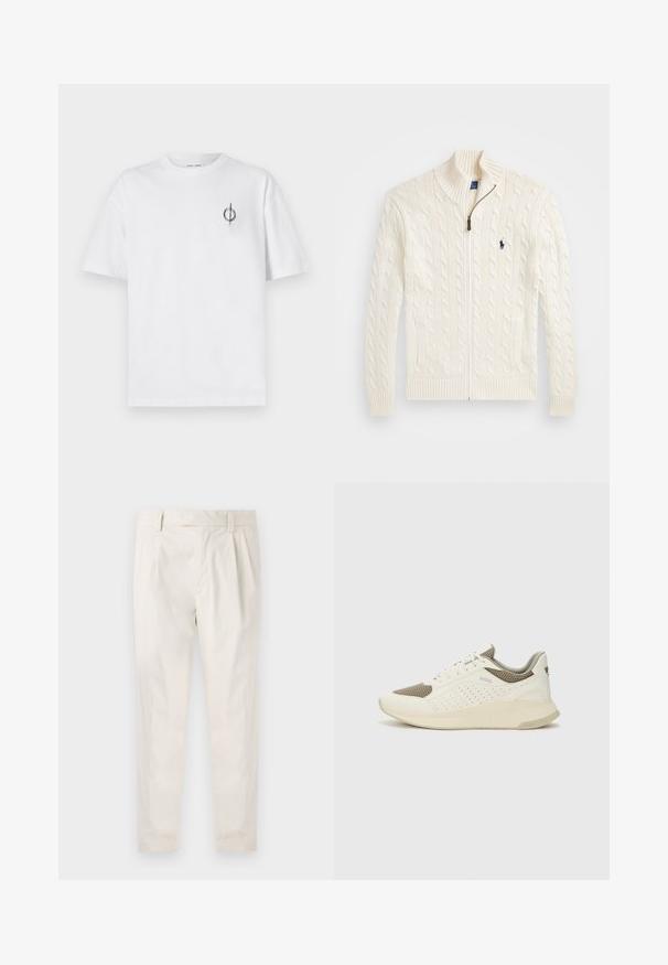 Valge kudumeste sviiter kõrge kraega, nöörmustri ja tõmblukuga, ribakätistega. Esipoolt kahte taskut ja rinna peal väike logo.; Valge puuvillane t-särk lõdva sobivusega, millel on vasakul rinnal väike must graafiline logo. Lühikesed varrukad, ümmargune kaelus.; Valged volditud püksid, mis on kohandatud sobivusega, sujuva tekstuuriga, vööloopidega ja kitsenevate jalgadega. Pole nähtavaid taskuid ega mustreid.; Valge ja heledat beeži värvi spordijalats, millel on õhuke võrkmaterjal, perforatsioonidega detailid ning tekstuuriga vahetald, millel on brändi logo kannaosas.