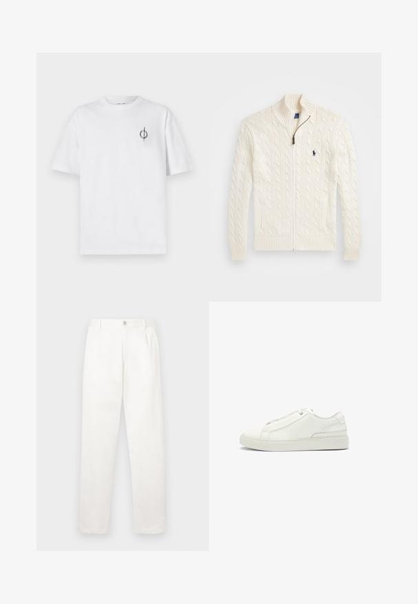 Strik hvid sweater med høj krave, kabelmønster, lynlås lukning og ribbede manchetter. Med to forreste lommer og et lille logo på brystet.; Hvid bomulds t-shirt med en afslappet pasform, der har et lille sort grafisk logo på venstre brystområde. Korte ærmer, rund halsstil.; Hvide bukser lavet af glat stof, med en lige ben design, forpleater og en enkelt knap lukning i taljen.; Hvide lædersneakers med en tekstureret overdel, rund tå, minimalisk design og en gummisål med syede detaljer.