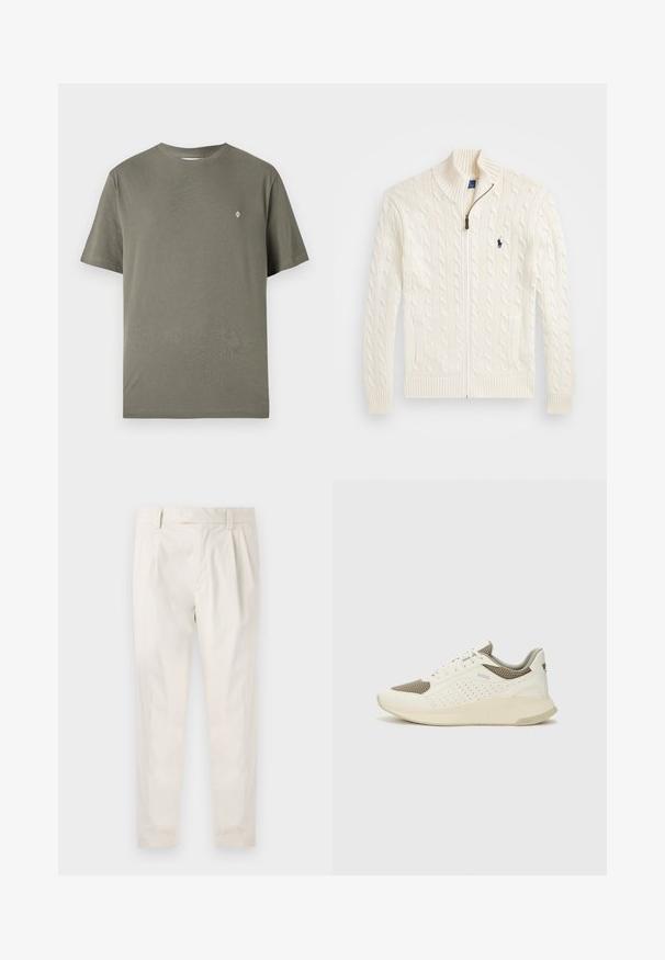 Knit white sweater with a high collar, cable pattern, zip closure, and ribbed cuffs. Featuring two front pockets and a small logo on the chest.; Olive green cotton t-shirt with a crew neck, short sleeves, and a small white logo on the chest. Simple, unadorned design.; White, pleated trousers with a tailored fit, featuring a smooth texture, belt loops, and tapered legs. No visible pockets or patterns.; White and light beige athletic sneaker, featuring a mesh upper, perforated detailing, and a textured midsole with branding on the heel.