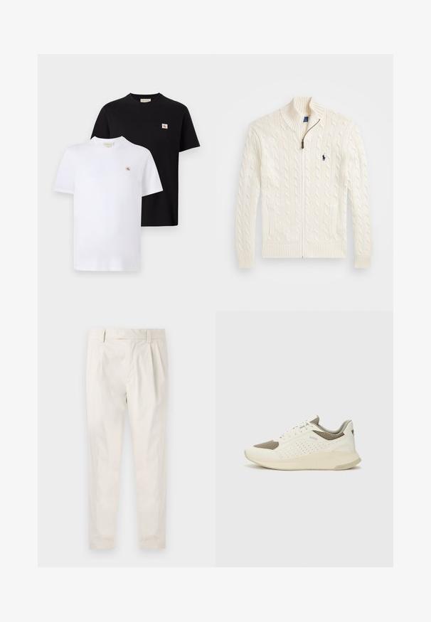 Strik hvid sweater med høj krave, kabelmønster, lynlås lukning og ribbede manchetter. Med to forreste lommer og et lille logo på brystet.; To kortærmede t-shirts i sort og hvid bomuld, med et lille logo på brystet og et klassisk rundhalsdesign.; Hvide, plisserede bukser med en skræddersyet pasform, der har en glat overflade, bæltestropper og smalnede ben. Ingen synlige lommer eller mønstre.; Hvide og lyse beige sportssko med en mesh-overdel, perforerede detaljer og en tekstureret mellemsål med branding på hælen.