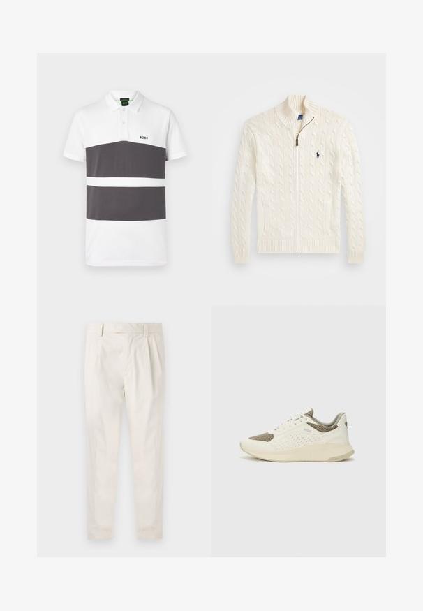 Valge kudumeste sviiter kõrge kraega, nöörmustri ja tõmblukuga, ribakätistega. Esipoolt kahte taskut ja rinna peal väike logo.; Valge ja tumehall polo särk, millel on kolm horisontaalset triipu. Omab klassikalist kraed, lühikesi varrukasid ja väikest logo rinnal.; Valged volditud püksid, mis on kohandatud sobivusega, sujuva tekstuuriga, vööloopidega ja kitsenevate jalgadega. Pole nähtavaid taskuid ega mustreid.; Valge ja heledat beeži värvi spordijalats, millel on õhuke võrkmaterjal, perforatsioonidega detailid ning tekstuuriga vahetald, millel on brändi logo kannaosas.