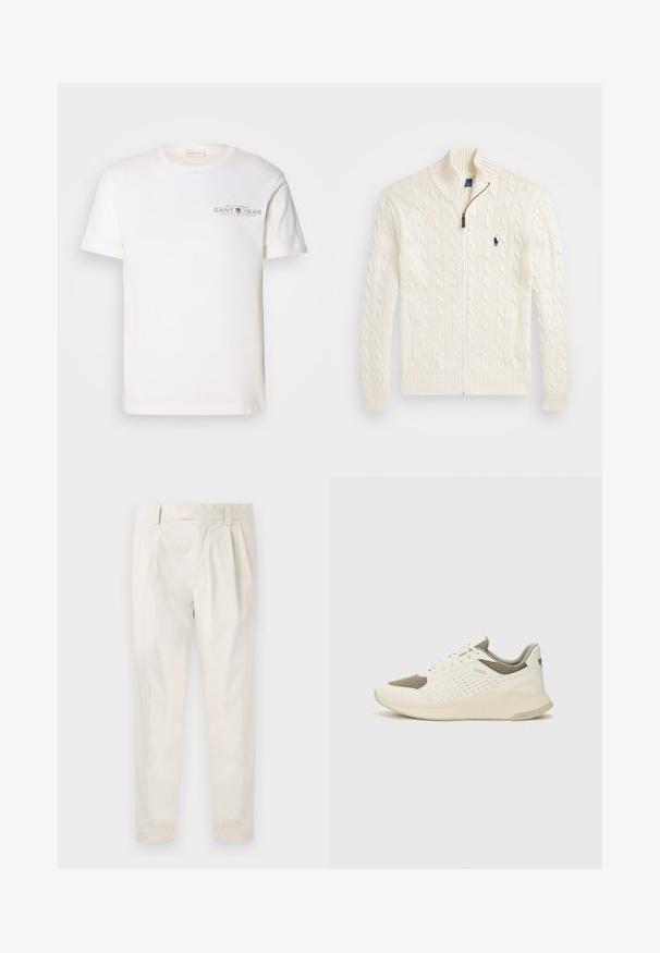 Knit white sweater with a high collar, cable pattern, zip closure, and ribbed cuffs. Featuring two front pockets and a small logo on the chest.; White cotton t-shirt with a crew neck, short sleeves, and a printed logo. Features minimalist design and relaxed fit.; White, pleated trousers with a tailored fit, featuring a smooth texture, belt loops, and tapered legs. No visible pockets or patterns.; White and light beige athletic sneaker, featuring a mesh upper, perforated detailing, and a textured midsole with branding on the heel.