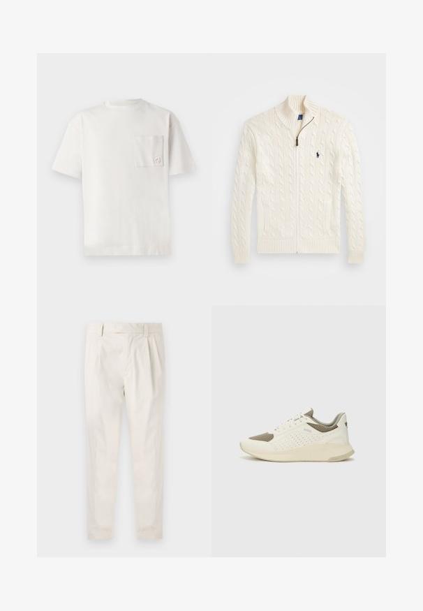 Pletena bela jopica z visokim ovratnikom, kabelskim vzorcem, zadrgo in rebrastimi manšetami. Ima dva sprednja žepa in majhno logotip na prsih.; Bela bombažna majica s krojem okroglega izreza, kratkimi rokavi in žepom na levi strani prsnega koša, ki vsebuje subtilno vezenje logotipa. Gladka tekstura.; Bele, plisirane hlače s krojenim prileganjem, z gladko teksturo, z zankami za pas in ožjimi hlačnicami. Brez vidnih žepov ali vzorcev.; Beli in svetlo bež športni copat, s mrežastim zgornjim delom, perforiranimi detajli in teksturirano srednjim delom z blagovno znamko na peti.