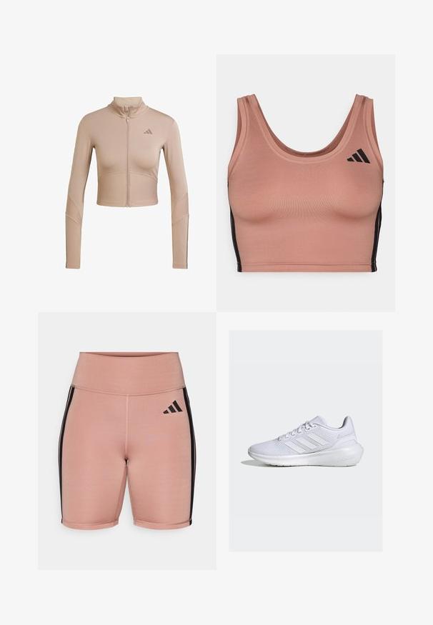 Beige athletic crop jacket with a high collar, full zip, ribbed texture on sleeves and lower hem, featuring a small logo on the chest.; Sports bra in soft, rose pink fabric with a scoop neckline, black side stripes, and subtle logo accents. Tailored fit with smooth texture.; Pink athletic shorts with a high waist, made from stretchy material. Features black side stripes and the Adidas logo on the left side.; White athletic shoe with a mesh upper, three horizontal stripes, cushioned sole, and "CLOUDFOAM" branding on the heel.