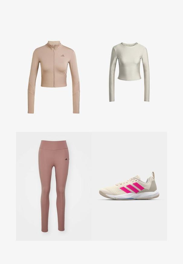 Beige athletic crop jacket with a high collar, full zip, ribbed texture on sleeves and lower hem, featuring a small logo on the chest.; Long-sleeve crop top in light cream color, made of smooth, stretchy fabric with a round neckline and minimalistic design.; Pink athletic leggings made of stretchy fabric. High waist design with a smooth texture and a small black logo on the left hip.; Beige athletic shoe with pink three-stripe logo, textured mesh upper, padded collar, and white rubber sole, featuring "LIGHTSTRIKE" branding.