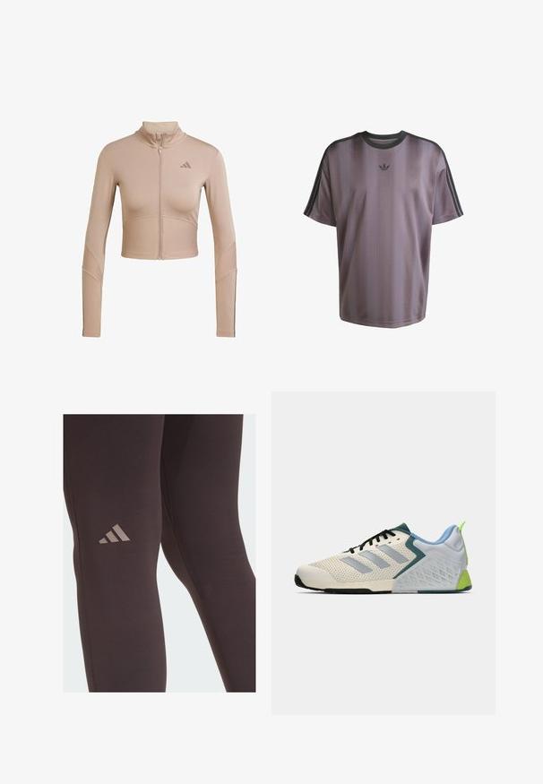 Chaqueta de entrenamiento corta beige con cuello alto, cremallera completa, textura acanalada en las mangas y el dobladillo inferior, con un pequeño logo en el pecho.; Camiseta deportiva morada con rayas horizontales, mangas cortas, cuello redondo y logo negro de Adidas en el pecho. Tejido liso y ligero.; Leggings deportivos negros con una textura suave, que presentan un discreto logo marrón de Adidas en el muslo y detalles de costura reforzada.; Zapatillas deportivas ligeras con parte superior de malla color crema, franjas grises, un acento verde y un contador de talón texturizado en azul. Cordones negros.
