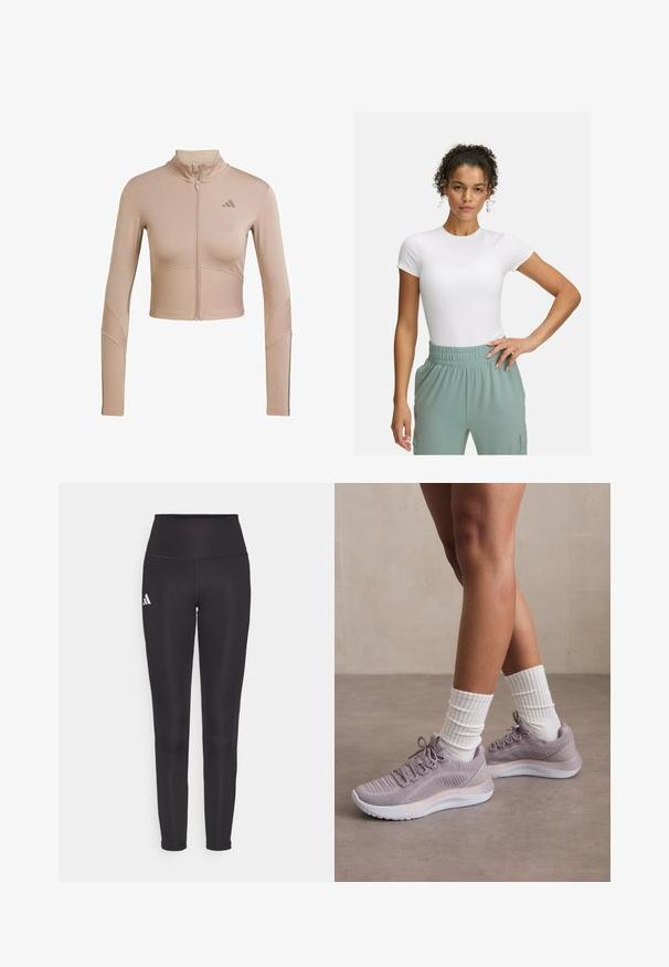 Giacca sportiva corta beige con colletto alto, zip completa, texture a coste sulle maniche e sull'orlo inferiore, con un piccolo logo sul petto.; T-shirt bianca aderente con maniche corte, abbinata a pantaloni con elastico in vita di colore verde chiaro. Texture liscia, design minimalista e nessun motivo visibile.; Leggings neri a vita alta realizzati in tessuto elastico. Presentano un logo bianco sul lato sinistro e un design elegante e senza cuciture. Texture liscia.; Scarpe da ginnastica viola chiaro con tomaia in maglia testurizzata, accentuate da una suola intermedia bianca e calze a coste bianche coordinate.