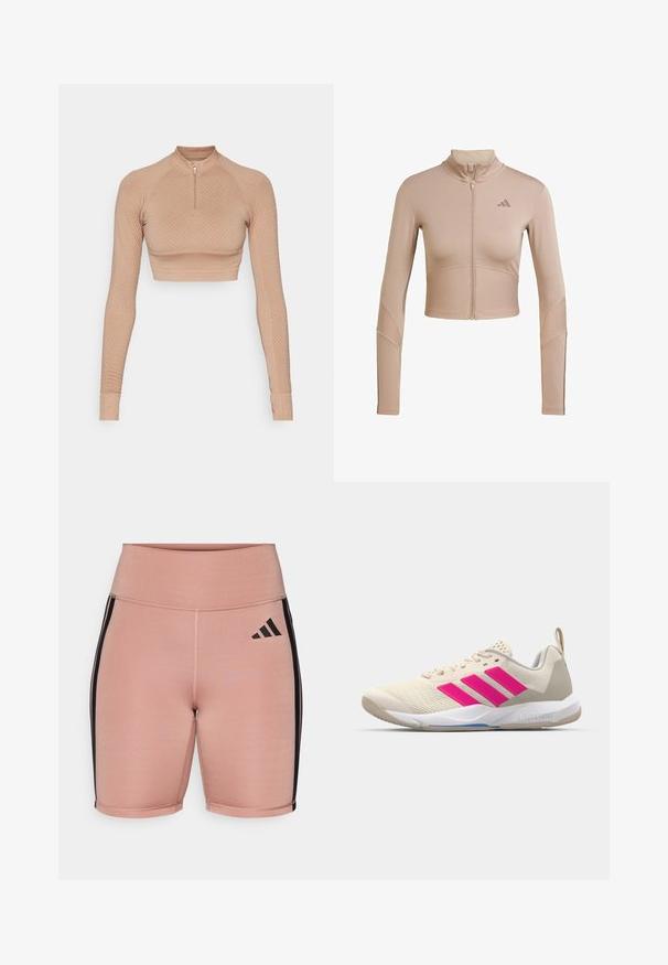 Beige Sport-Crop-Jacke mit hohem Kragen, durchgehendem Reißverschluss, geripptem Textur an den Ärmeln und am unteren Saum, mit einem kleinen Logo auf der Brust.; Langarm-Crop-Top in hellbeige mit strukturiertem Diamantmuster, Viertelreißverschluss und enganliegenden Ärmeln mit gerippten Bündchen.; Rosa Sportshorts mit hoher Taille, aus dehnbarem Material. Mit schwarzen Seitenstreifen und dem Adidas-Logo auf der linken Seite.; Beige Sportsschuh mit pinkem Dreistreifen-Logo, strukturiertem Mesh-Obermaterial, gepolstertem Schaft und weißer Gummisohle, mit "LIGHTSTRIKE"-Branding.
