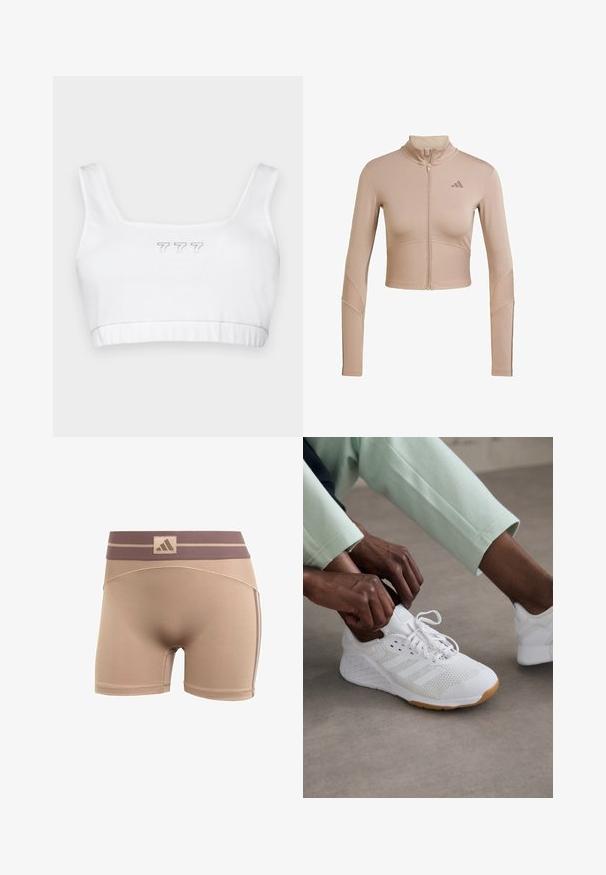 Beige atletisk cropped jakke med høj krave, fuld lynlås, ribbet tekstur på ærmerne og nederste kant, med et lille logo på brystet.; Hvid bomulds crop top med firkantet udskæring, der har en subtil grå broderet "777" i midten og en glat overflade.; adidas Performance HYPERGLAM - Tights - chalky brown earth strata; Hvid sportssko med en overdeles i mesh, gummisål og design med tre striber. Snørebåndene justeres; let grå og mintgrønne klæder synlige.