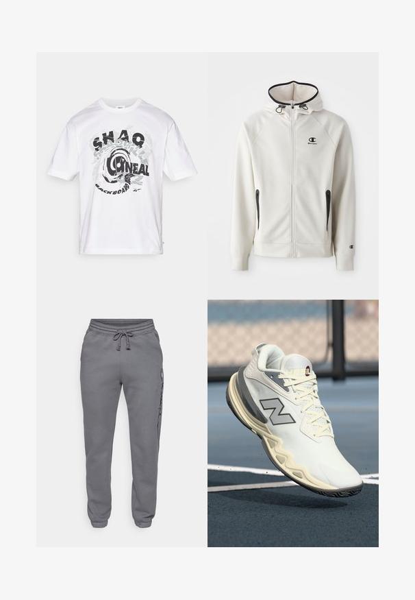 Sudadera blanca con capucha y cremallera frontal, detalles en negro en la cremallera y un pequeño logo negro en el pecho. Cuenta con bolsillos laterales y puños acanalados.; Camiseta de algodón blanca con cuello redondo y mangas cortas. El gráfico frontal incluye texto en negro y gris con un diseño circular.; Champion ICONS TONAL CUFF LARGE LOGO - Pantalones deportivos - foggy; Zapatilla deportiva blanca con superficie texturizada, detalles en gris y suela curva distintiva. Presenta cordones trenzados y un logo de marca en el lateral.