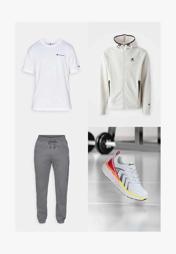Bílá mikina s kapucí na zip, s černými zipovými detaily a malým černým logem na hrudi. Obsahuje boční kapsy a elastické manžety.; Bílé bavlněné tričko s kulatým výstřihem, krátkými rukávy a malým logem "Champion" v černé a červené barvě na levé části hrudníku.; Champion ICONS TONAL CUFF LARGE LOGO - Teplákové kalhoty - foggy; Bílé atletické boty s síťovaným svrškem, barevnými akcenty v červené, oranžové a žluté barvě, s texturovanou podrážkou a černými detaily.