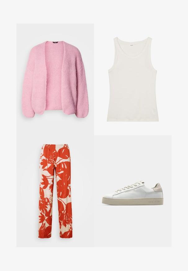 Cardigan rosa lavorato a maglia con vestibilità ampia, apertura frontale e spalle basse. Tessuto morbido, dettagli a coste sui polsini e sull'orlo.; Top in cotone bianco a spalla larga con spalline sottili. Tessuto liscio senza motivi visibili o decorazioni.; Pantaloni a gamba larga con un motivo floreale rosso e crema, dotati di una cintura elastica. Il tessuto ha una consistenza liscia e presenta grandi disegni di foglie e fiori.; Sneaker bianca in pelle con finitura liscia, dettagli in suede beige, punta rotonda, design con stringhe piatte e suola in gomma testurizzata.