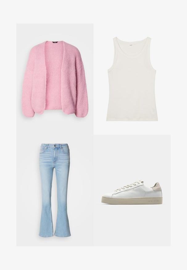 Ružičasti pleteni kardigan s labavim krojem, otvorenim prednjim dijelom i spuštenim ramenima. Mekana tekstura, rebrasti detalji na rukavima i rubu.; Bijela pamučna majica bez rukava s širokim izrezom i tankim naramenicama. Glatka tekstura bez vidljivih uzoraka ili ukrasa.; Svijetloplave traperice sa zvonastim nogavicama i visokim strukom, s blagim izbljeđivanjem i klasičnim zatvaranjem na patentni zatvarač.; Bijele kožne tenisice s glatkom površinom, bež nubuk detalji, okrugli vrh, ravni dizajn s vezicama i strukturirana gumena potplat.