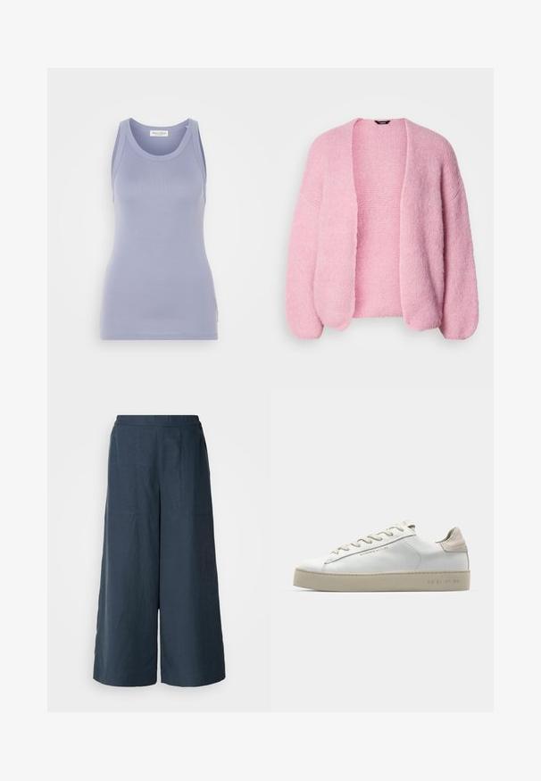 Rosa gestrickte Strickjacke mit lockerer Passform, offenem Vorderteil und tief sitzenden Schultern. Weiche Textur, gerippte Bündchen und Saumdetails.; Helllila Tanktop mit enganliegendem Design, gefertigt aus einem glatten Strickstoff. Verfügt über einen runden Ausschnitt und breite Träger, minimalistische Markenkennzeichnung.; Weite Beinhosen in Marineblau, aus leichtem Stoff. Mit einer leicht strukturierten Oberfläche, elastischem Bund und Vordernähten.; Weiße Leder-Sneaker mit glatter Oberfläche, beigen Wildleder-Akzenten, runder Zehenpartie, flachem Schnürdesign und einer strukturierten Gummisohle.