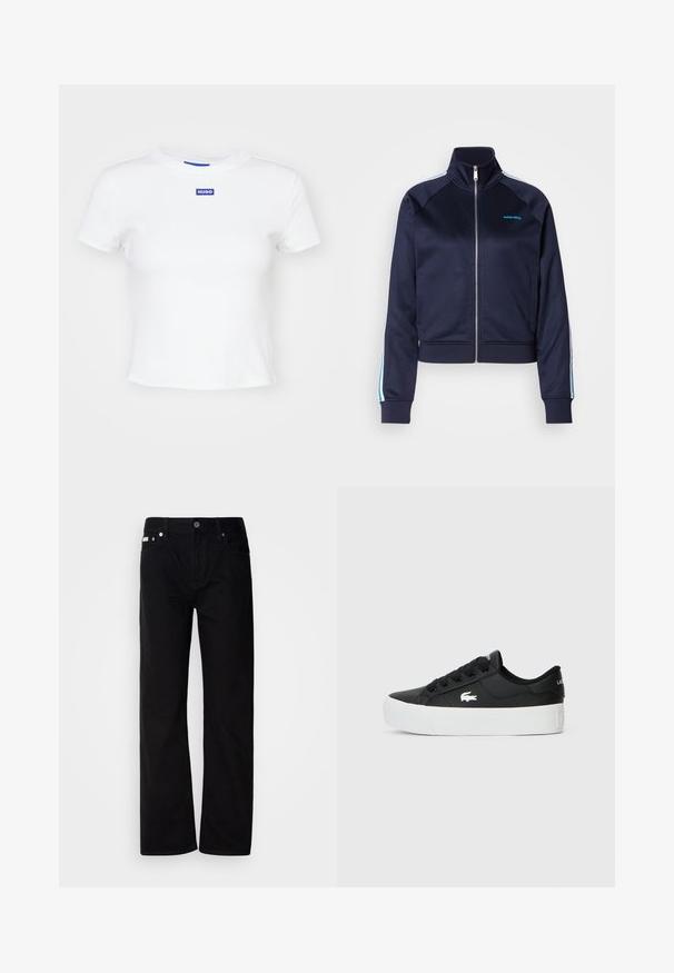 Tengerész navy színű cipzáras dzseki sima anyagból, álló gallérral, két oldalsó zsebbel és világoskék csíkokkal az ujjak mentén.; Fehér pamut póló rövid ujjakkal, kerek nyakkivágással és egy kék téglalap alakú logóval, amelyen a "HUGO" felirat olvasható az elején, középen.; Fekete farmer egyenes fazonú nadrág öt zsebbel, ezüst szegecsekkel és gombos zárással. Az anyaga sima, enyhén texturált felületű.; Fekete alacsony szárú sneaker szintetikus anyagból, fehér gumitalppal, fekete fűzőkkel és egy kis fehér logóval az oldalán.