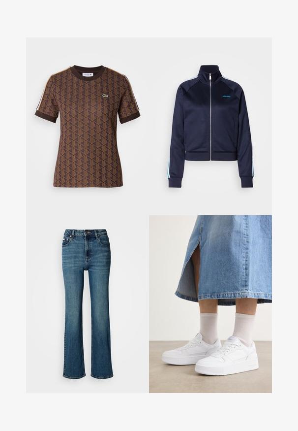 Tengerész navy színű cipzáras dzseki sima anyagból, álló gallérral, két oldalsó zsebbel és világoskék csíkokkal az ujjak mentén.; Barna, rövid ujjú póló, sötétbarna geometrikus mintával, bordás kerek nyakkivágással és kontrasztos vállcsíkokkal. Lacoste logó a pólón.; Magas derekú kék farmernadrág, egyenes szárú dizájnnal, enyhe kopással és normál gombos-zipzáros záródással.; Fehér tornacipők texturált bőrrel, platform talppal, kerek orral és fűzőrendszerrel; világosszürke térdzoknikkal és farmer szoknyával párosítva.
