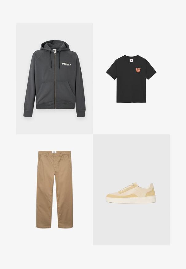 Gray zip-up hoodie made of soft fabric, featuring a kangaroo pocket, drawstring hood, and "Double V" logo in white on the left chest.; Black cotton t-shirt featuring short sleeves, a crew neck, and an orange "W" logo on the left chest. Soft, smooth texture.; Khaki cotton trousers with a straight leg design, featuring a single button closure, belt loops, and two side pockets. Smooth texture.; Sneakers in light yellow suede and leather, featuring a cushioned sole and stitched accents. Classic lace-up design with a rounded toe.