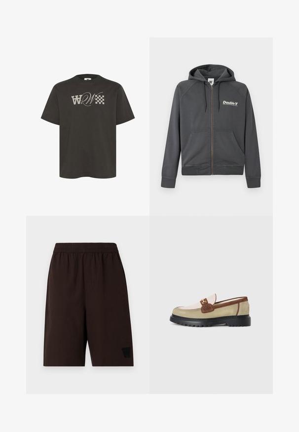 Gray zip-up hoodie made of soft fabric, featuring a kangaroo pocket, drawstring hood, and "Double V" logo in white on the left chest.; Dark gray cotton t-shirt featuring a large, stylized "W" logo and checkered pattern on the front. Short sleeves and crew neck design.; Brown elastic-waist shorts with side pockets, textured fabric, and a black embroidered logo on the left leg.; Loafer with beige, light pink, and brown suede panels, gold metal buckle accent, and thick black rubber sole with tread pattern.