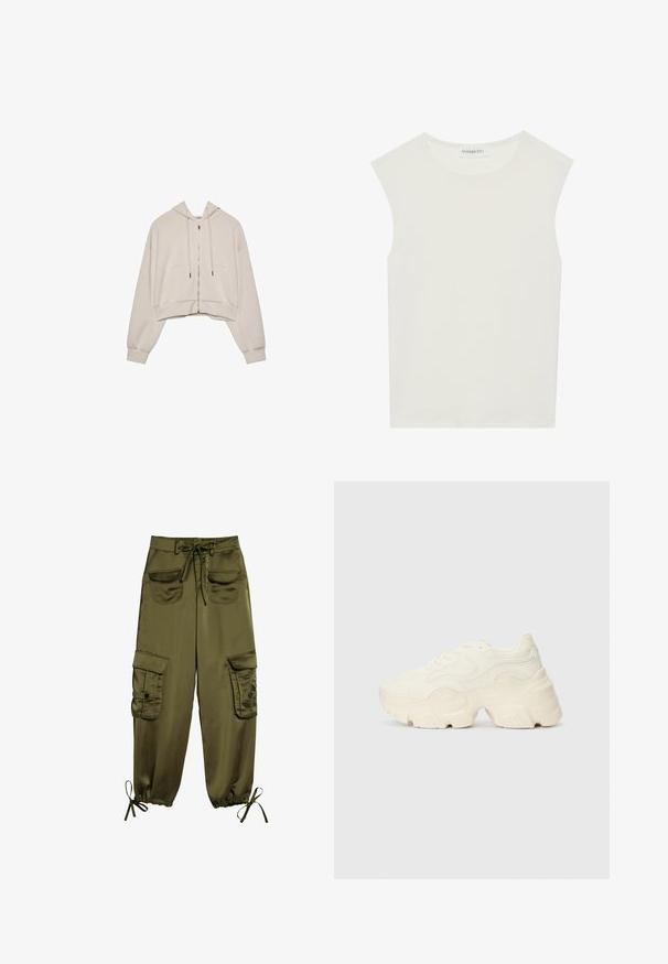 Beżowa, krótsza bluza z kapturem, zapinana na zamek, z troczkami i dwoma dużymi kieszeniami z przodu. Posiada długie, luźne rękawy oraz ściągacze na nadgarstkach.; Biała bezrękawnik z okrągłym dekoltem. Wykonana z gładkiego materiału, ma luźny krój i minimalistyczny design. Bez wzorów ani akcentów.; Oliwkowe spodnie cargo wykonane z gładkiego materiału, z dwoma przednimi kieszeniami, regulowanym paskiem w talii oraz elastycznymi mankietami ze sznurkami przy kostkach.; Podeszwa chunky białych sneakersów wykonana z teksturowanej siateczki i materiałów syntetycznych, z grubą podeszwą i skomplikowanymi detalami wzoru po bokach.