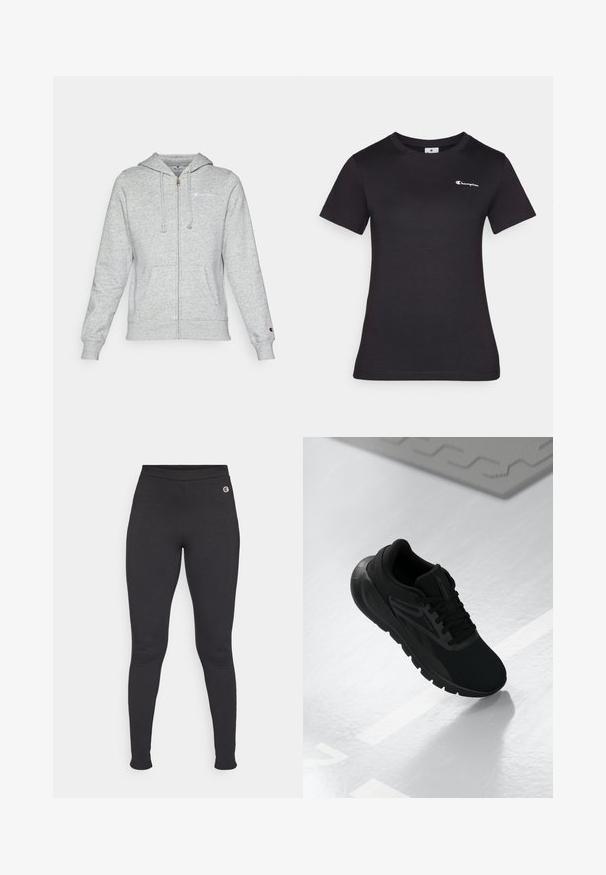 Grå zip-up hettegenser laget av myk stoff, med en logo på venstre bryst, snorhette og frontlommer. Klassisk passform med ribbede mansjetter.; Sort t-skjorte med korte ermer laget av bomull, med et lite brodert logo på brystet. Klassisk crewneck-design med en myk tekstur.; Sorte tights laget av et elastisk materiale, med høyt liv og en liten logodetalj på venstre hofte. Glatt tekstur.; Sorte treningssko med mesh-overdel, rund tå, polstret såle og teksturerte detaljer, plassert på en glatt hvit overflate.