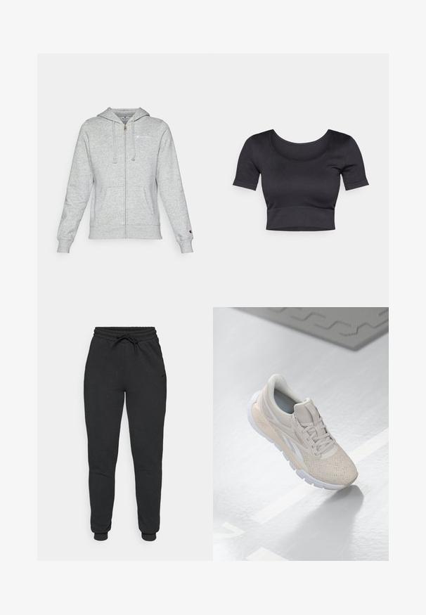 Grijze rits hoodie van zachte stof, met een logo op de linker borst, een capuchon met trekkoord en voorzakken. Klassieke pasvorm met geribbelde boorden.; Zwarte geribde cropped top met korte mouwen, brede ronde halslijn en een aansluitende band aan de onderkant. Zachte textuur, casual ontwerp.; Zwarte sweatpants van een zachte katoenmix, met een elastische tailleband met trekkoord, enkelboorden en subtiele zijbranding.; Lichtbeige sportieve schoen met een geperforeerde bovenkant, textuurverwerking, gewatteerde kraag en een witte rubberen zool, ontworpen voor comfort en ademend vermogen.