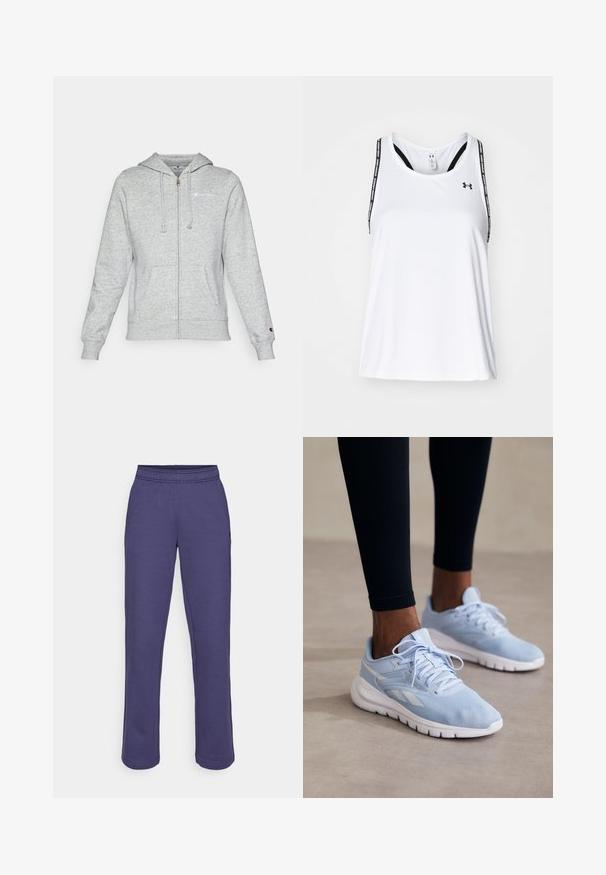 Sudadera con cremallera gris, fabricada en tejido suave, que presenta un logo en el lado izquierdo del pecho, capucha ajustable con cordones y bolsillos frontales. Corte clásico con puños acanalados.; Top deportivo blanco sin mangas con finas correas negras, que presenta un logotipo y un texto impreso, confeccionado en una tela ligera y transpirable; corte holgado.; Pantalones de chándal morados con una cinturilla elástica, piernas rectas y un tejido suave de mezcla de algodón. Sin patrones visibles ni detalles de hardware.; Zapatillas deportivas azul claro con tela de malla, cuello acolchado y suela blanca. Presentan cordones y franjas laterales en blanco contrastante.