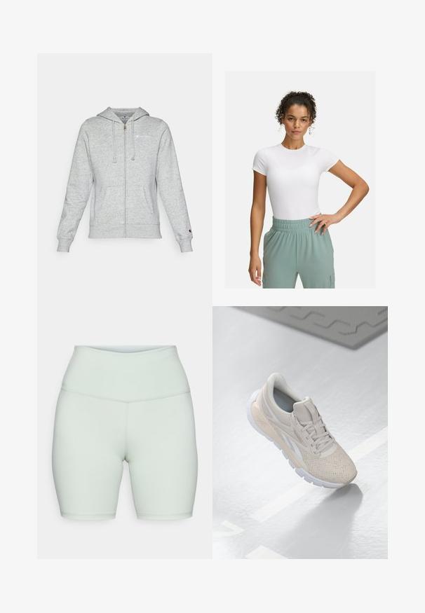 Gray zip-up hoodie made of soft fabric, featuring a logo on the left chest, drawstring hood, and front pockets. Classic fit with ribbed cuffs.; White fitted t-shirt with short sleeves, paired with light green elastic waistband pants. Smooth texture, minimalist design, and no visible patterns.; High-rise fitted shorts in light mint green, made of stretchy fabric. Features seamless design and smooth texture.; Light beige athletic shoe with a perforated upper, textured accents, padded collar, and white rubber sole, designed for comfort and breathability.