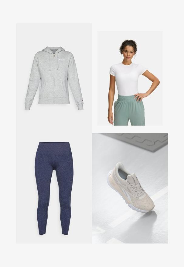 Gray zip-up hoodie made of soft fabric, featuring a logo on the left chest, drawstring hood, and front pockets. Classic fit with ribbed cuffs.; White fitted t-shirt with short sleeves, paired with light green elastic waistband pants. Smooth texture, minimalist design, and no visible patterns.; Navy blue leggings with a textured, sparkly finish. Features a high waistband and contour seaming for a fitted silhouette.; Light beige athletic shoe with a perforated upper, textured accents, padded collar, and white rubber sole, designed for comfort and breathability.