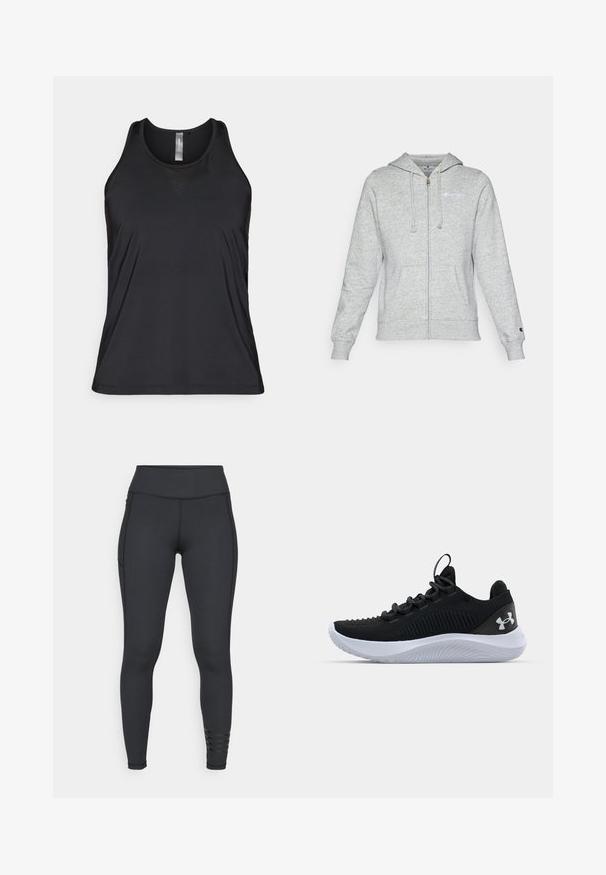 Sivý zipsový mikina vyrobená z mäkkej látky, s logom na ľavej hrudi, kapucňou na šnúrku a prednými vreckami. Klasický strih s rebrovanými manžetami.; Čierny bezrukávový športový top vyrobený z priedušného materiálu, ktorý má jemný sieťový detail v trojuholníkovom tvare blízko výstrihu.; Čierne legíny vyrobené z elastického materiálu, s vysokým pásom, elegantným dizajnom a pruhovanými akcentmi pri členku.; Čierne športové topánky s priedušným sieťovaným zvrškom, štruktúrovanými detailmi a bielou gumovou podrážkou. Obsahujú ploché šnúrky a pútko na päte.
