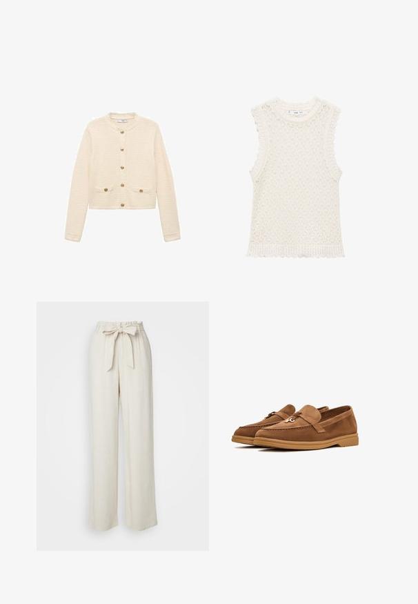 Cream-colored cardigan made from textured fabric, featuring long sleeves, a round neckline, gold buttons, and front pockets.; Knit sleeveless top in ivory with a textured, open weave design. Scalloped edges at the armholes and bottom hem add detail.; Beige linen wide-leg pants with a belted waist, featuring a soft texture and a relaxed silhouette, suitable for casual wear.; Brown suede loafers with a flat sole, featuring a decorative bow and subtle stitching accents. Rounded toe design.