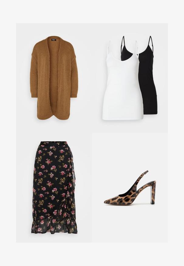 Ilgas, atviras kardiganas, pagamintas iš minkštos, tekstūruotos rudos megztos medžiagos. Jame yra nuleisti pečiai ir raštuoti rankogaliai, jis turi jaukią, laisvą formą.; Du moteriški marškiniai be rankovių: vieni balti, kiti juodi, pagaminti iš minkštos medžiagos, su plonomis petnešėlėmis ir giliu V formos iškirpimu.; Juodas gėlių sijonas su rožinėmis ir žaliosiomis detalėmis, platėjantis dizainas ir volano apdaila. Pagamintas iš lengvos, pusiau permatomos medžiagos.; Leopardų rašto slingback aukštakulniai su smailiu priekiu ir skaidriu blokuotu kulnu. Pagaminti iš blizgaus medžiagos su glotnia tekstūra.