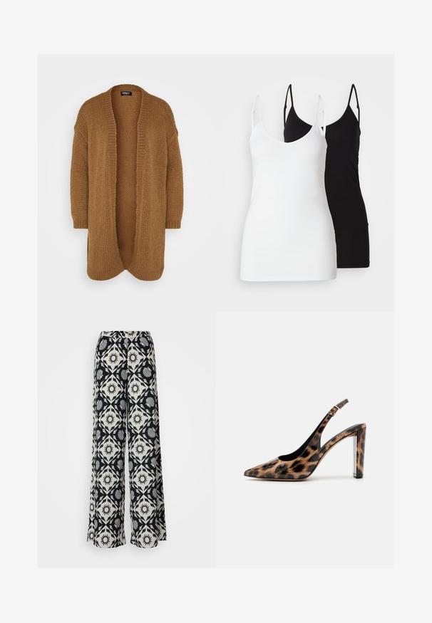 Pikk, avatud esiosa kardigan pehmest, siidiselt tekstureeritud pruuni kudumise kangast. Sellel on langenud õlad ja soonikkoes mansetid ning see on mugava ja lõdva lõikega.; Kaks naiste topsi: üks valge ja teine must, pehmest kangast, õhukeste rihmadega ja sügava V-kaelusega.; Laiad püksid, millel on must-valge muster, millel on päikese ja kestade motiivid. Valmistatud kergetest kangast, millel on mugav vöökoht.; Leopardimustriga saadaval sanga pump kõrge kontsaga, millel on terav varvas ja läbipaistev plokktald. Valmistatud läikivast materjalist, millel on sile tekstuur.