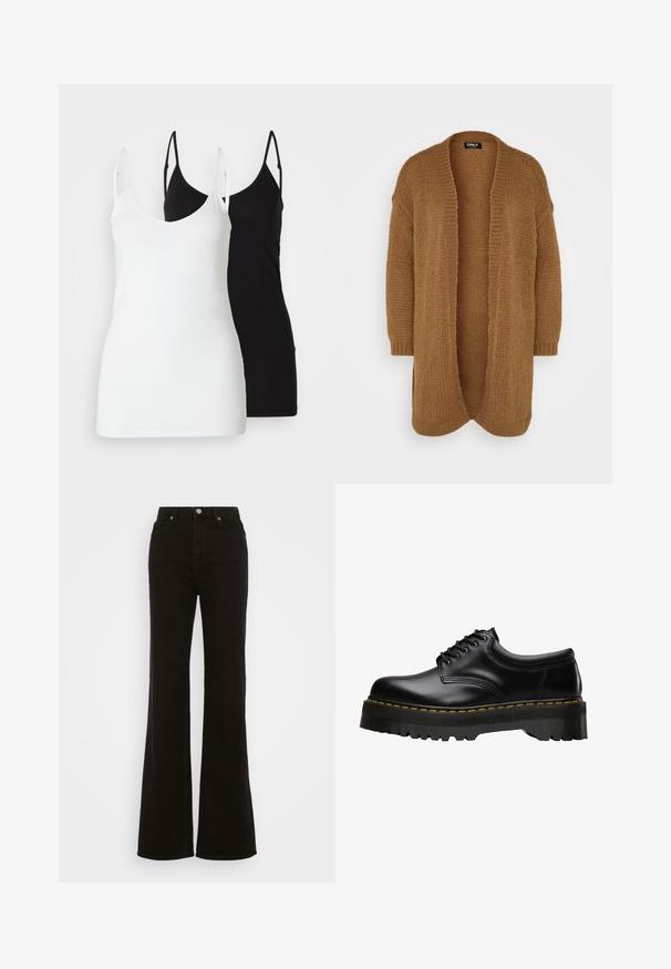 Gara atvērta kardigāna jaka, kas izgatavota no mīkstas, teksturētas brūnas adītas auduma. Tai ir kritusī plecu šuve un ribota uzmava, kā arī ērta, brīva piegriezuma.; Divas divi sieviešu topi: viens balts, otrs melns, izgatavots no mīkstas auduma, ar plānām siksnām un dziļu V veida kakla izgriezumu.; Augstas jostas melni izplūduši džinsi, kas izgatavoti no denima, ar pogu aizdari, sānu kabatām un gludu tekstūru.; Melni ādas kurpju zābaki ar biezām, zāģveida melnām gumijas zolgām un dzeltenu diegu apmalē, ar gludu virsmu.